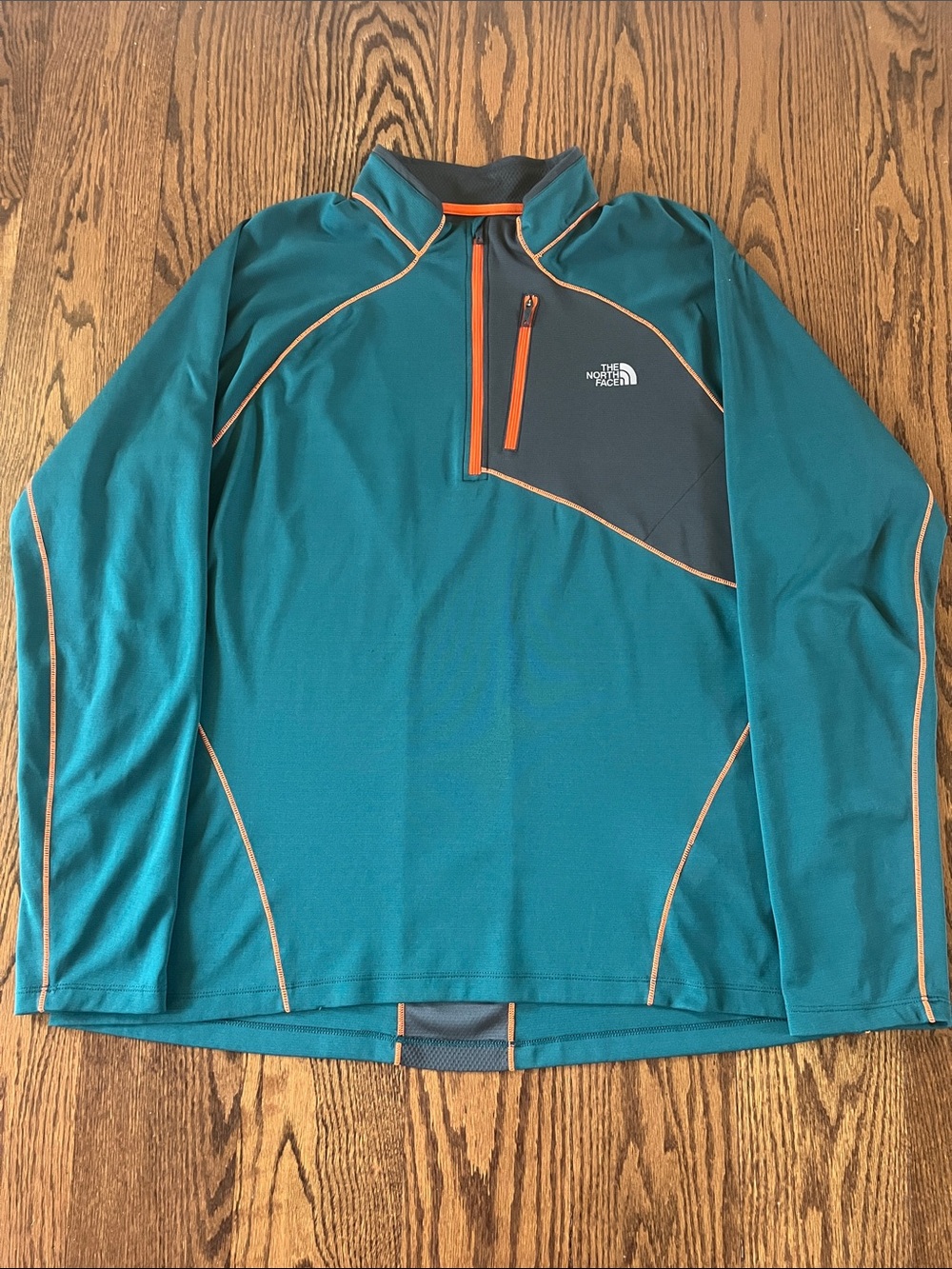 The North Face Teal and Charcoal Quarter-Zip Pullover with Orange Trim-Size XXL